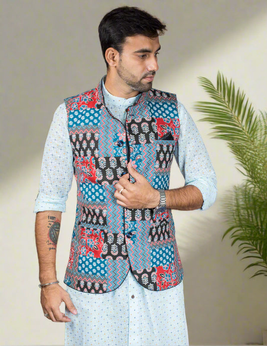 Multicolour Patch Cotton Nehru Jacket