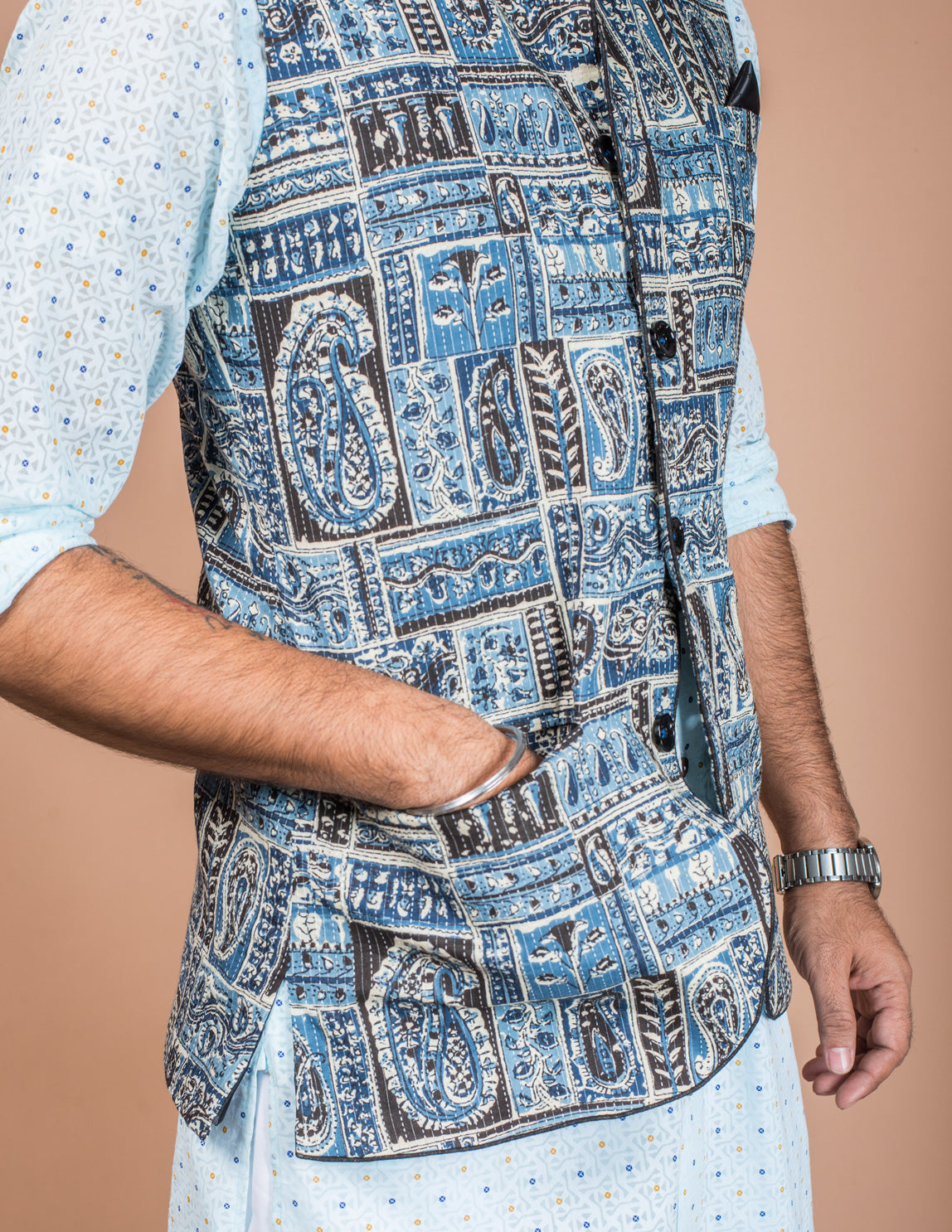 Blue Kantha Patch Nehru Jacket
