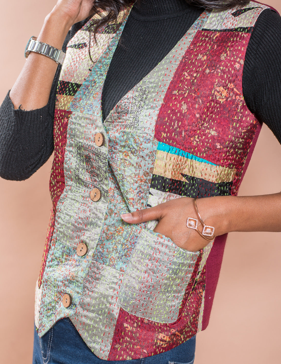 Kantha Patch V Neck Waistcoat / Jacket