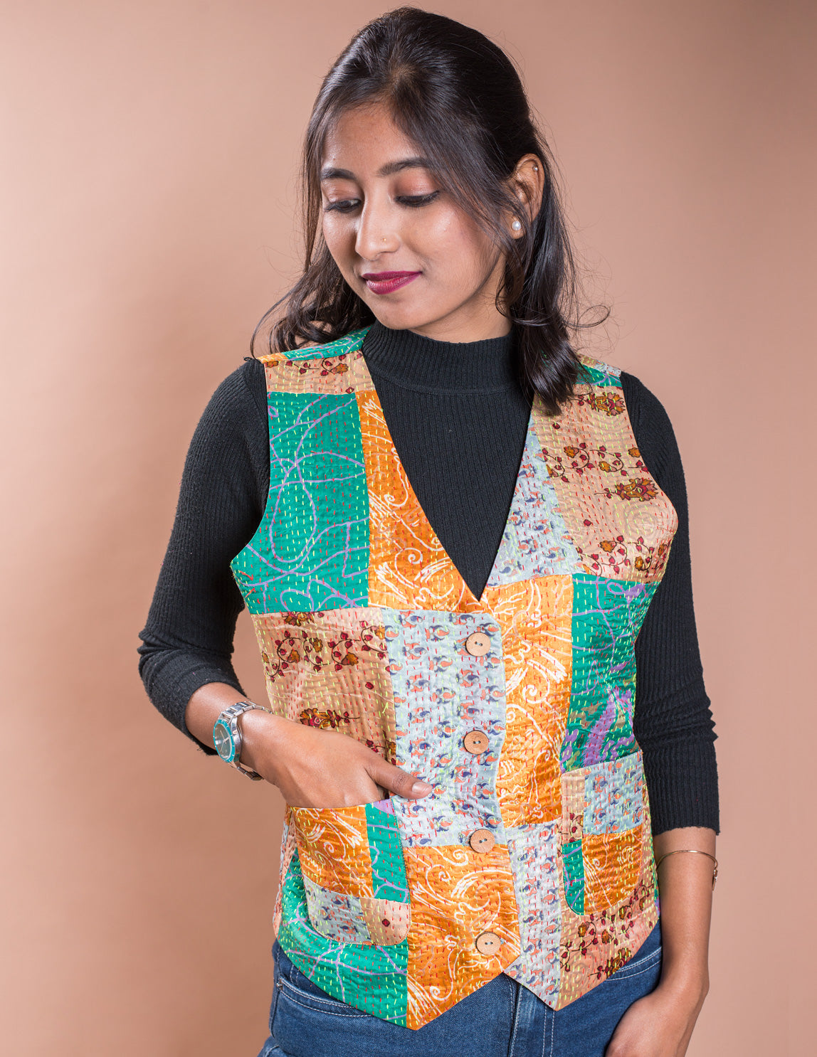 Multicolour Kantha Patch V Neck Waistcoat / Jacket