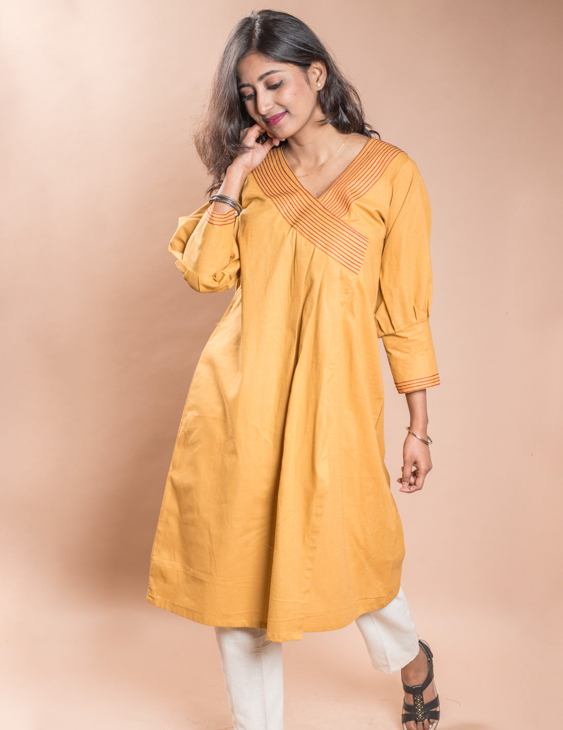 Yellow V-Neck Stitched Collar Long Kurta