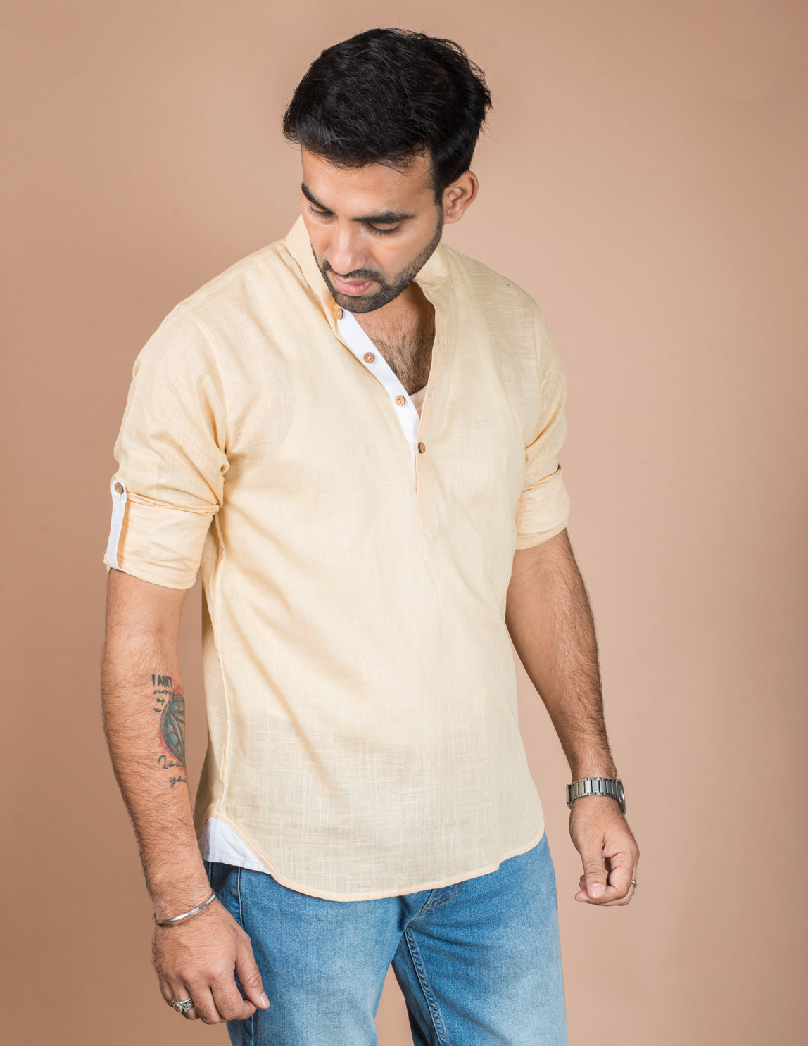 Beige Cotton Slub Short Kurta
