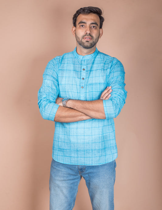 Blue Cotton Check Brushed Kurta