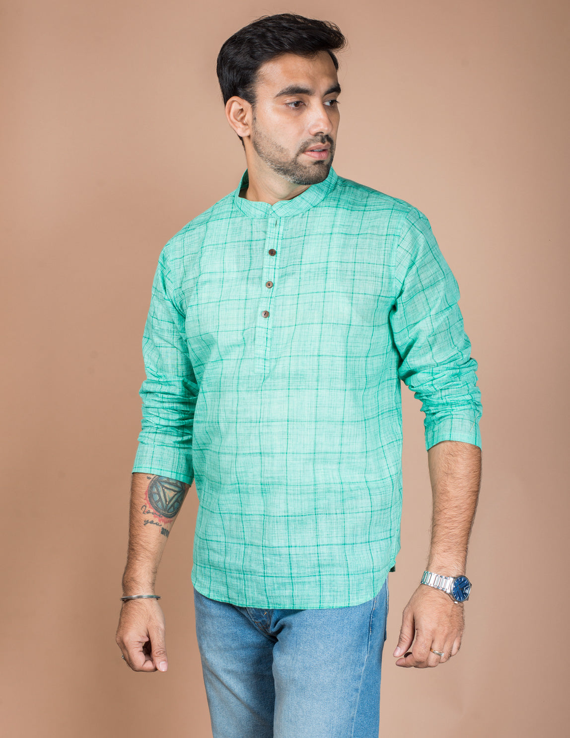 Green Cotton Check Brushed Short Kurta