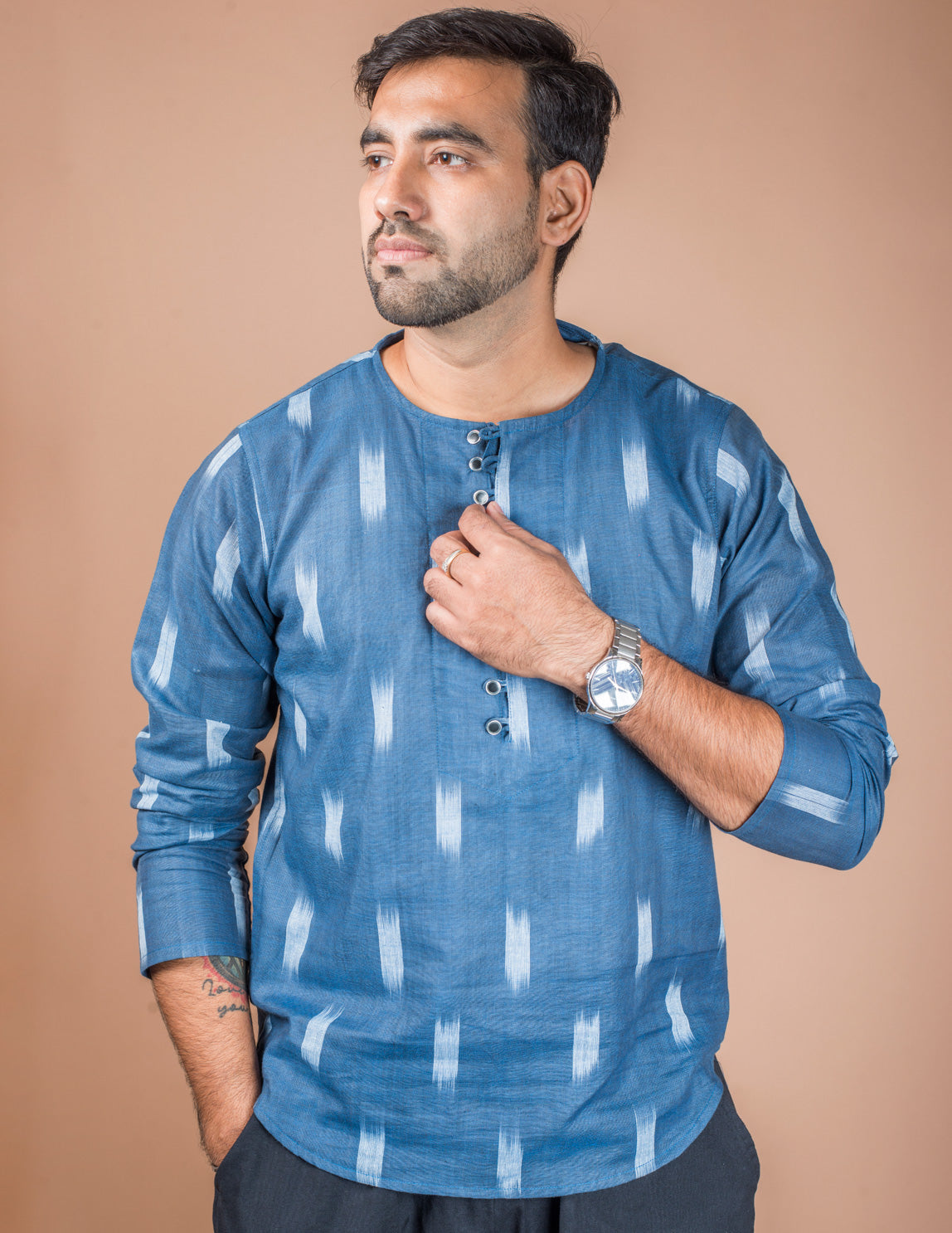 Navy Blue Cotton Ikkat Short Kurta