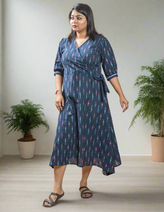 Blue Cotton Ikat V-Neck Women's Dress