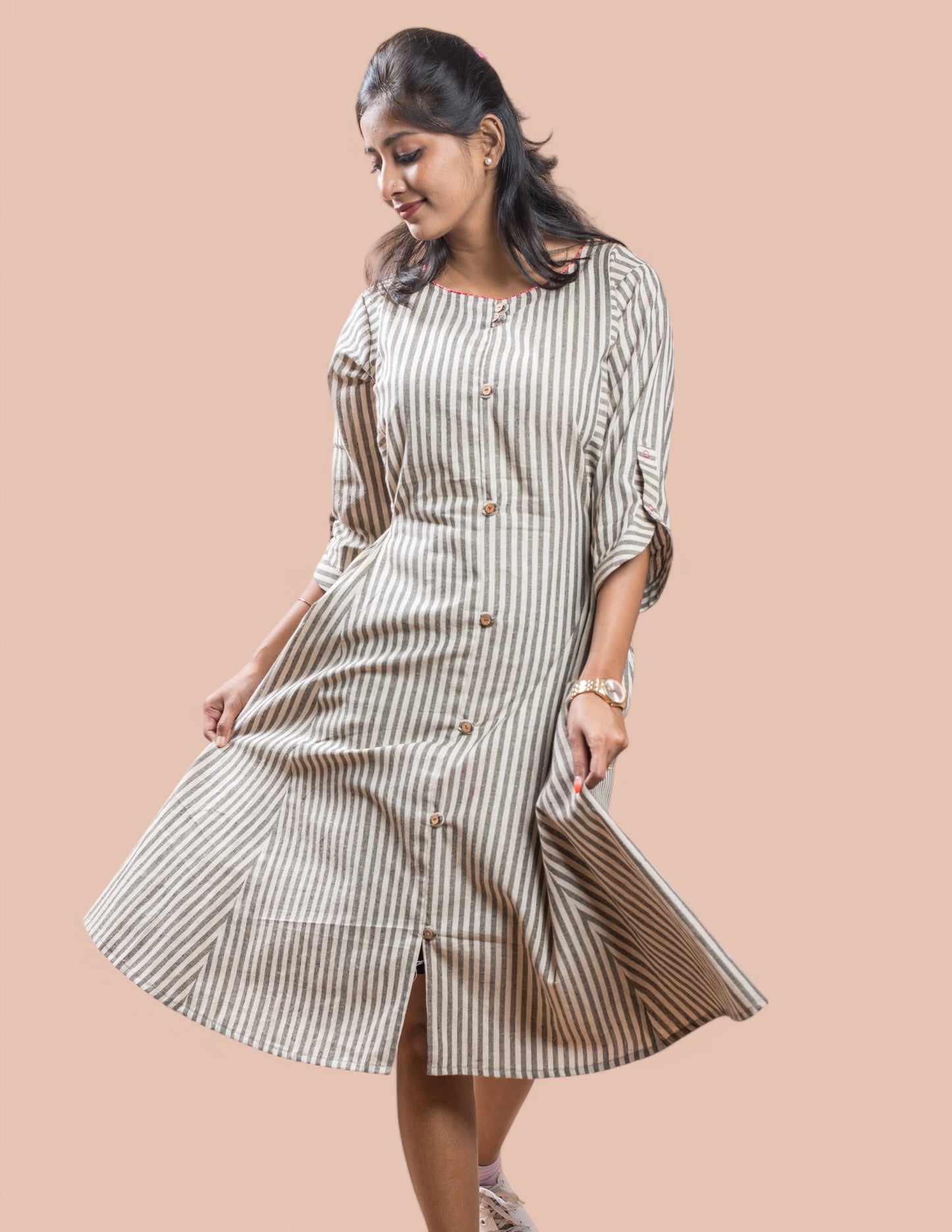 Beige Stripe Cotton Women's Dress