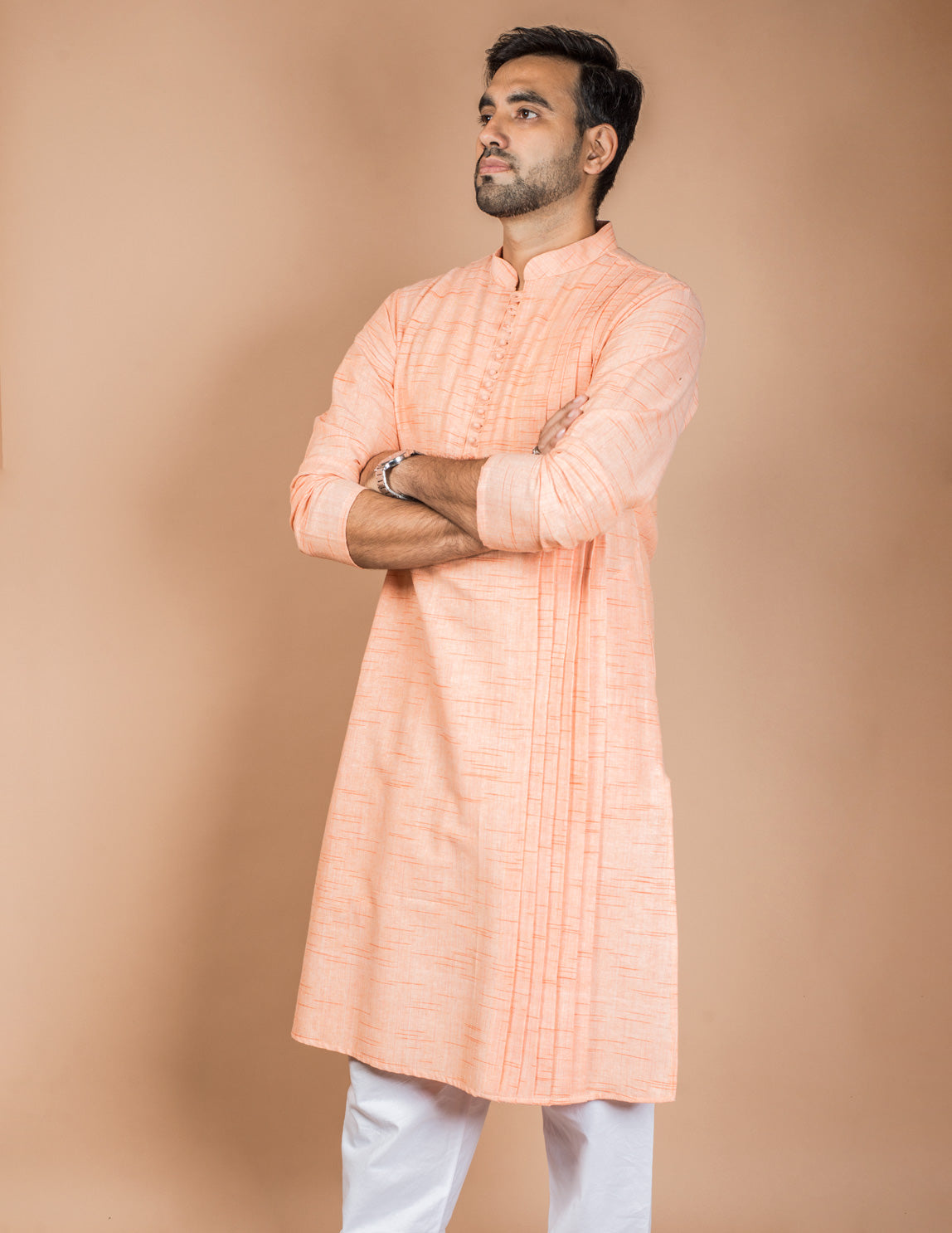 Orange Cotton Pintuck Design Long Kurta