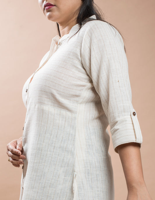 Off White Stripe Cotton Linen Short Kurta