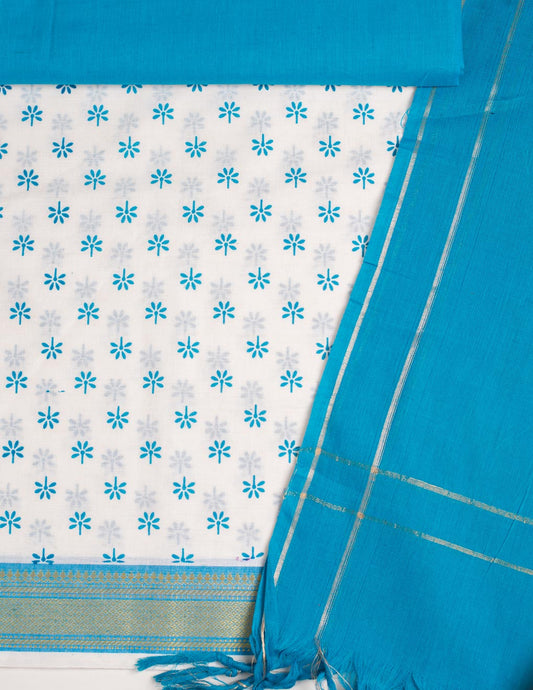 White Handloom Printed Mangalagiri Unstitched Suit
