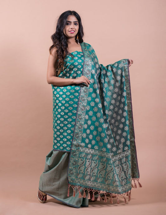 Green & Yellow Variant Banarasi Cotton Silk Suits with Alfi Tanchoi Weaving - Artytales
