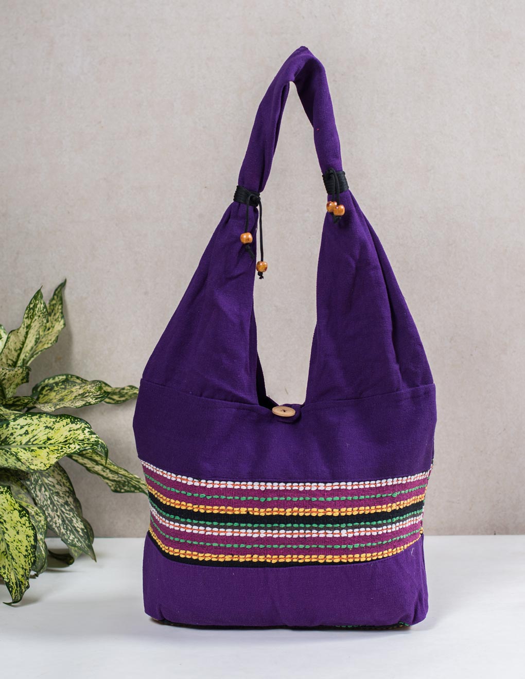 Violet Cotton Running Stitch Shoulder Bag