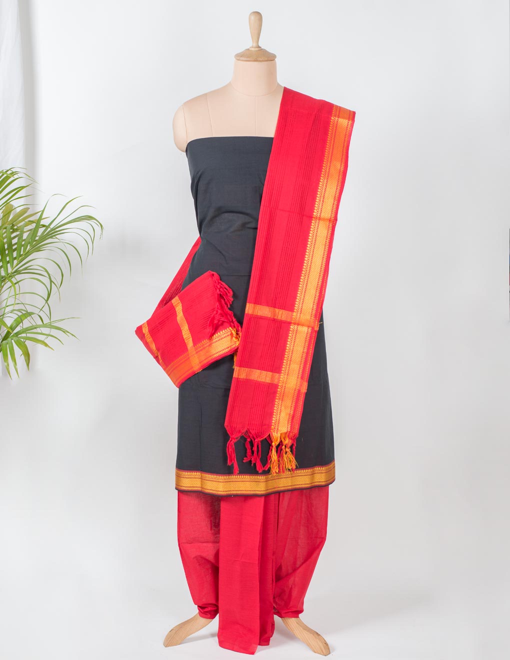 Black Handloom Mangalagiri Unstitched Suit