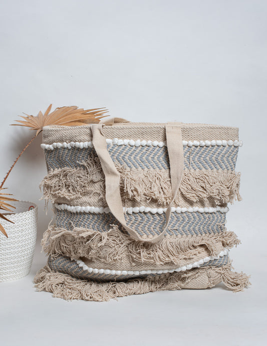 Grey & White Natural Fibre Shoulder Bag