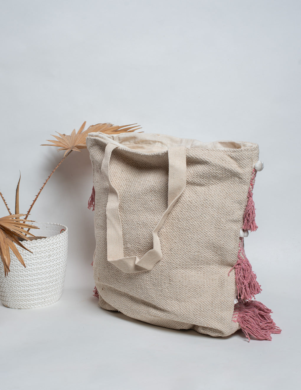 Pink & White Natural Fibre Shoulder Bag