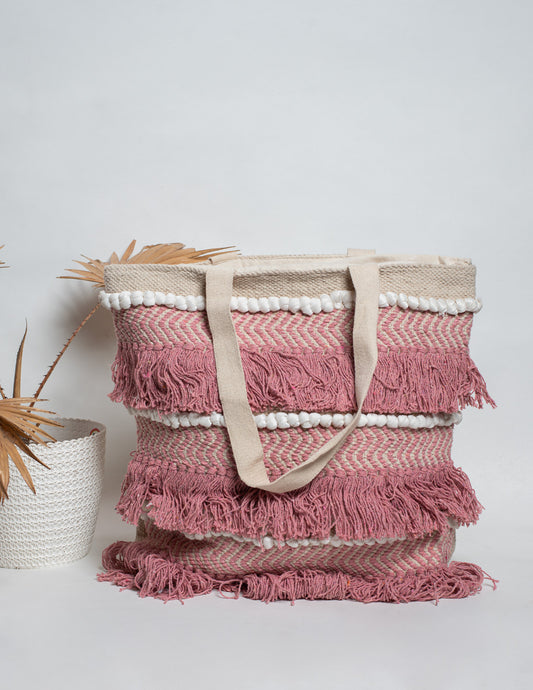 Pink & White Natural Fibre Shoulder Bag