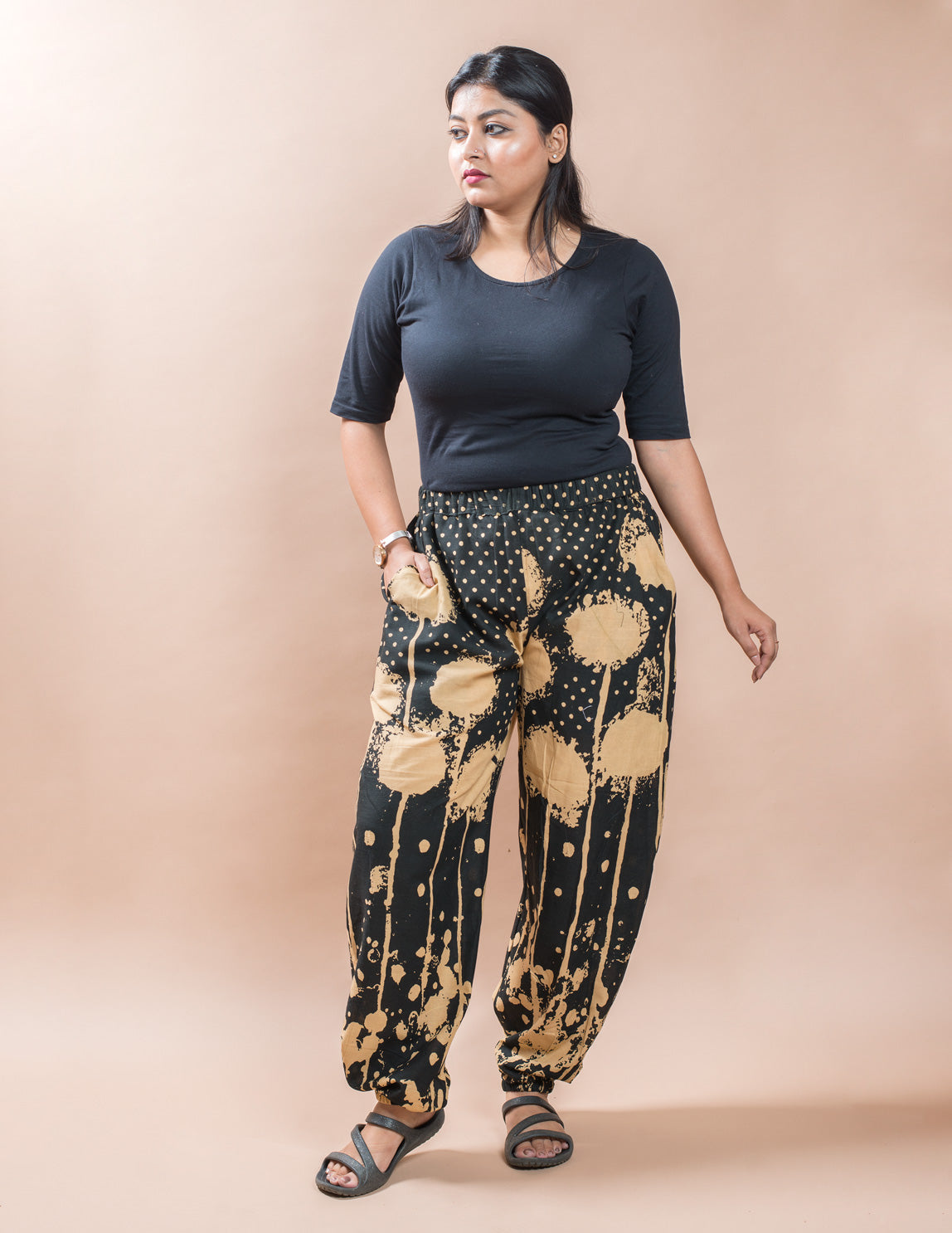 Black & Beige Cotton printed Harem Pant