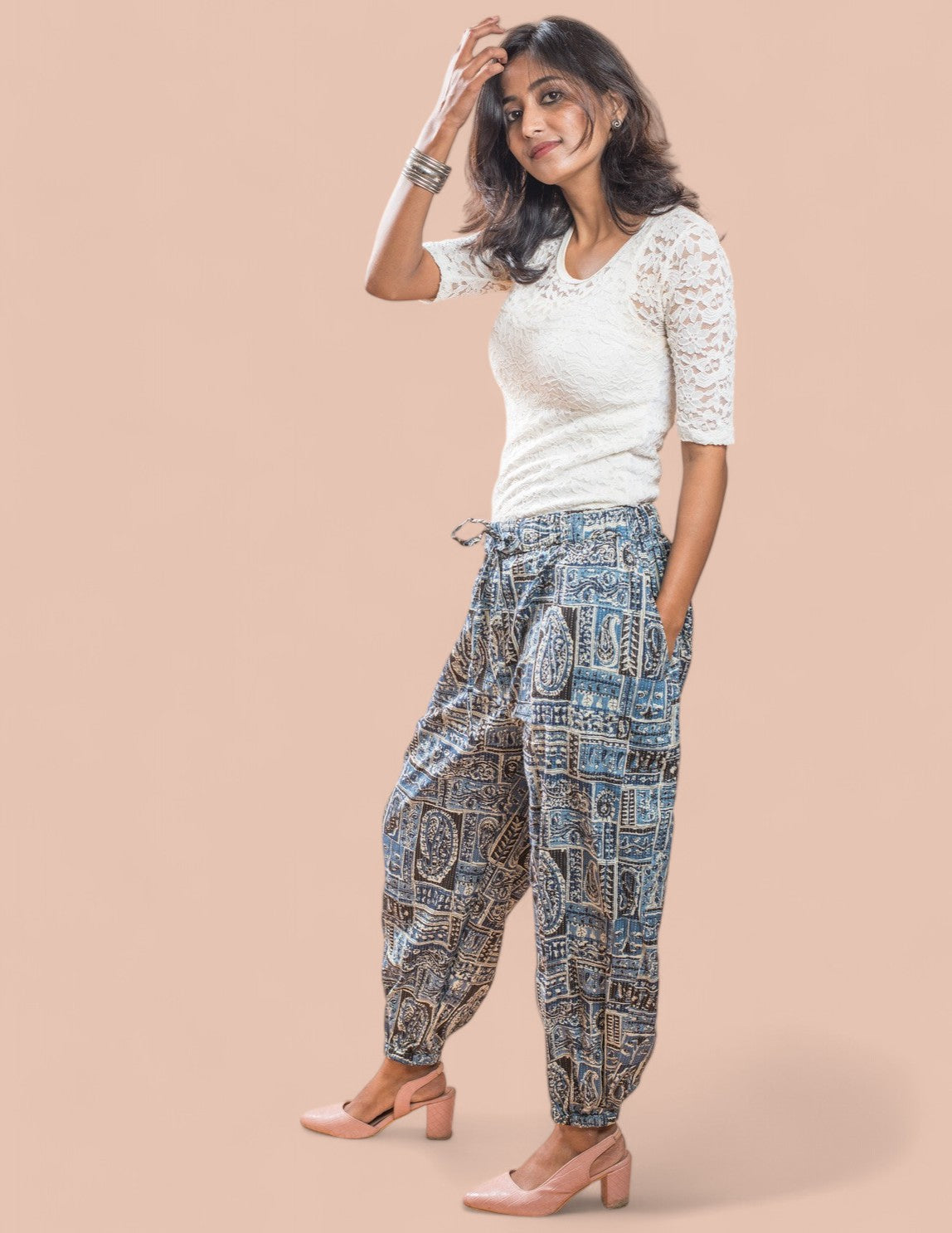 Cotton Blue Printed Patch Kantha Harem Pant