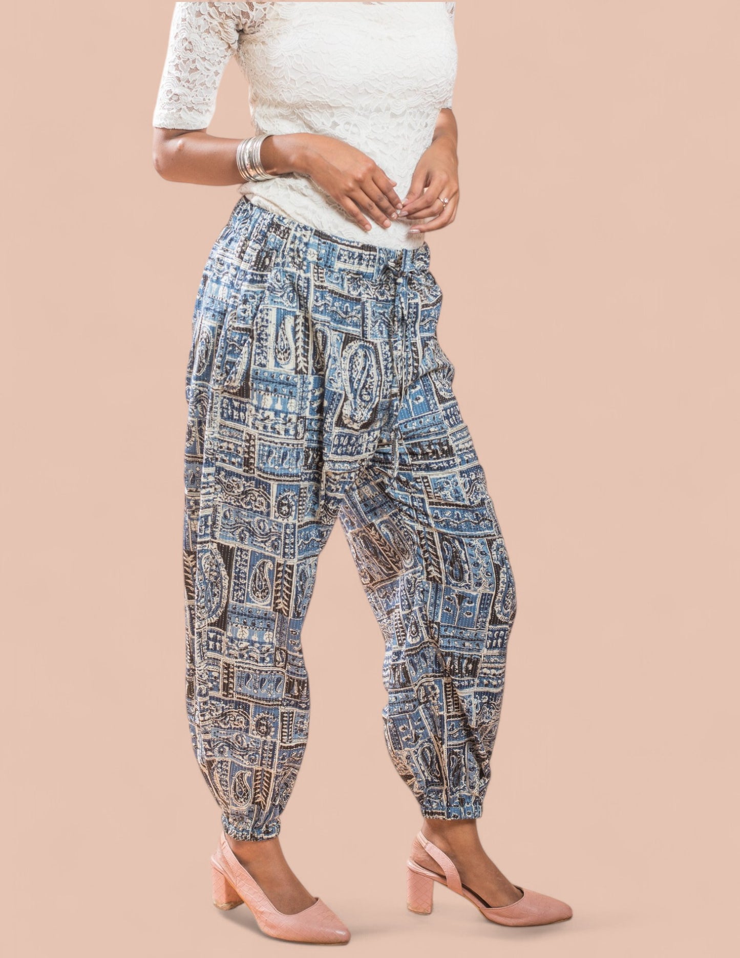 Cotton Blue Printed Patch Kantha Harem Pant