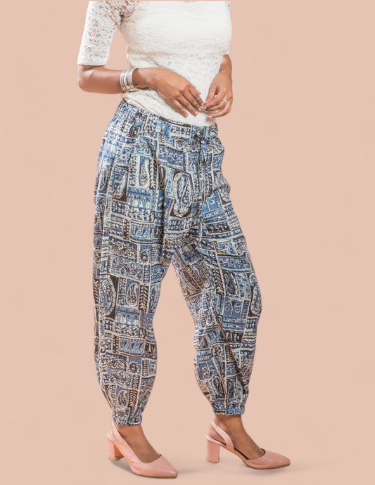 Cotton Blue Printed Patch Kantha Harem Pant