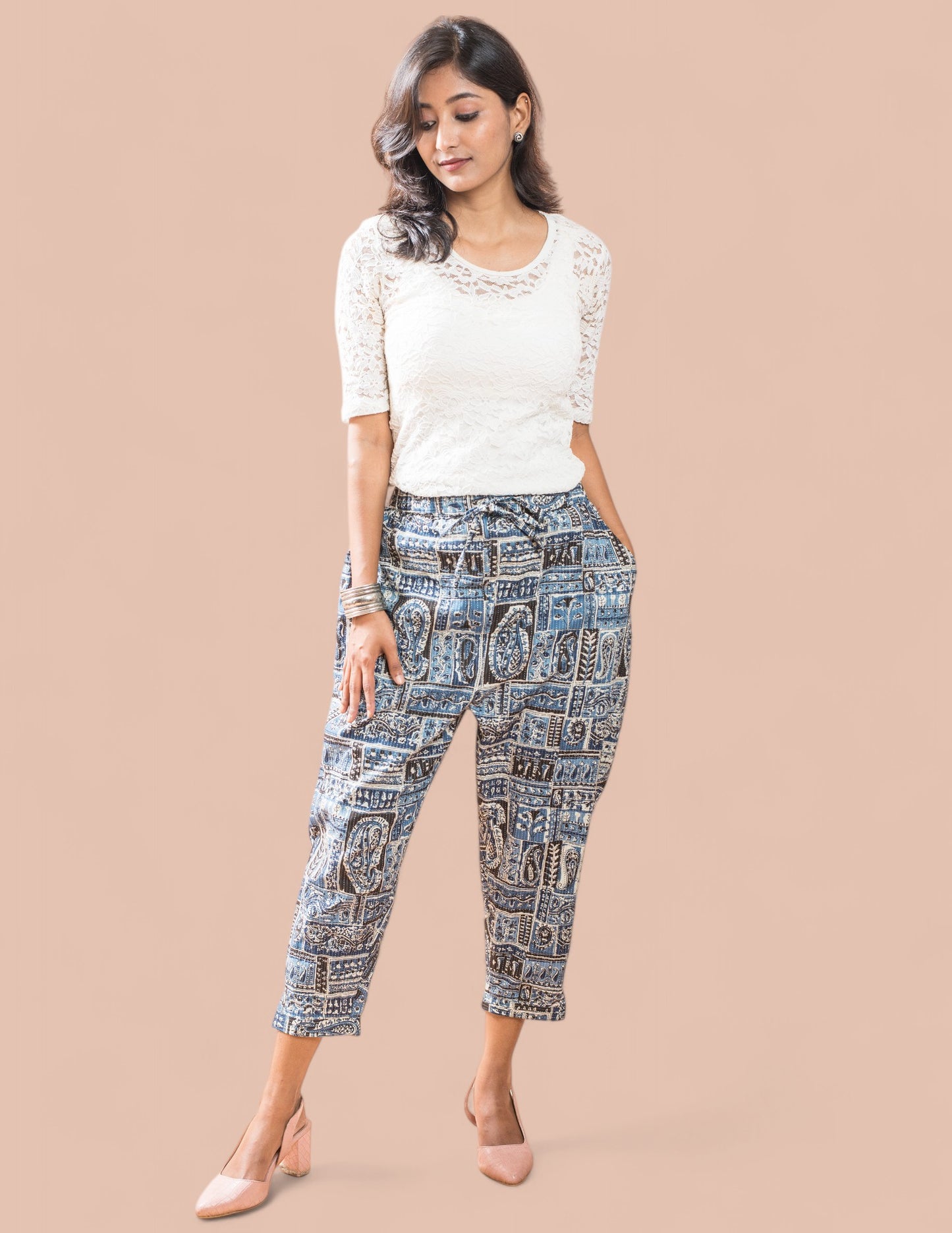 Blue Patch Cotton Kantha Capri pant