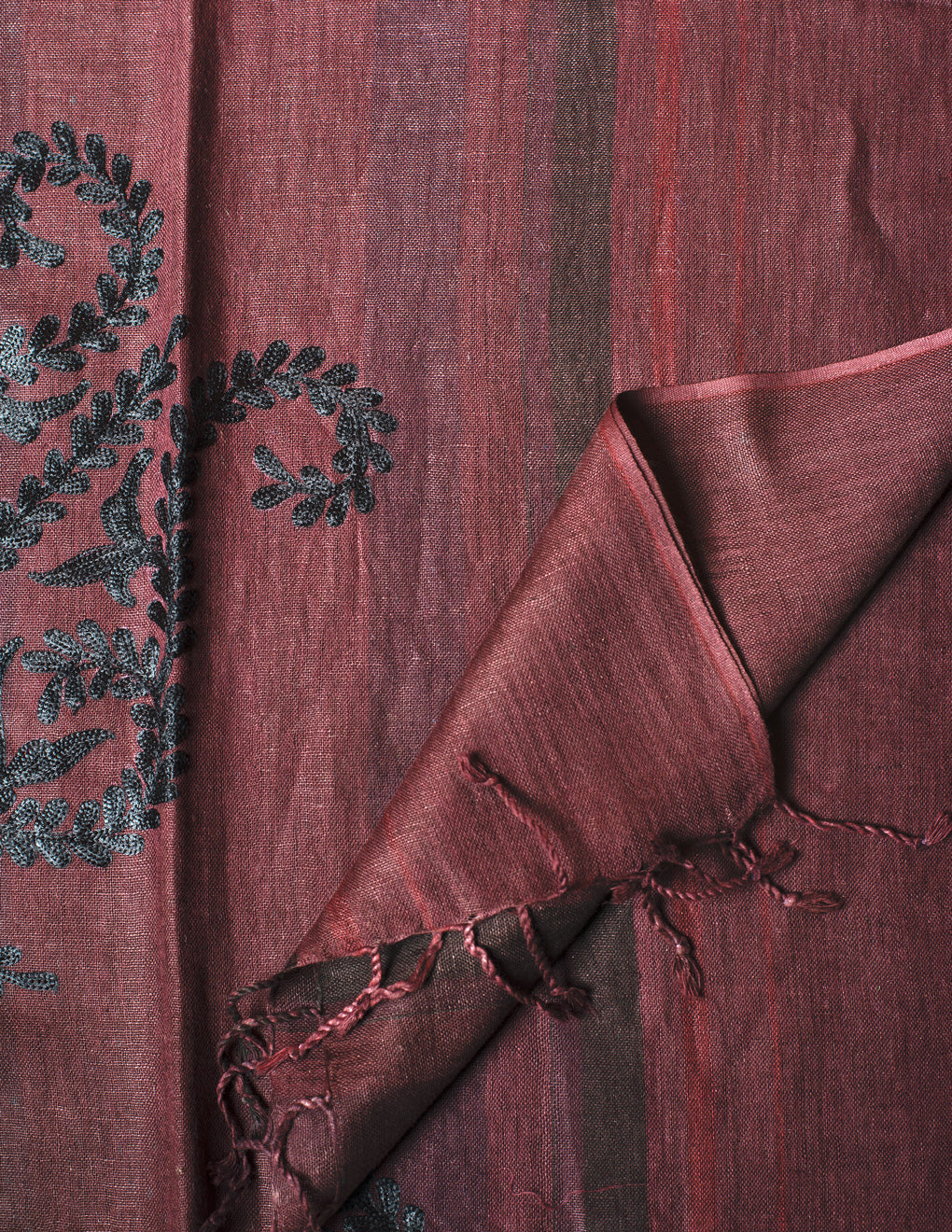 Brown Embroidery Woven Bhagalpuri Linen Stole