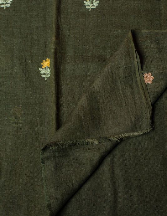 Olive Green Embroidery Woven Bhagalpuri Linen Stole