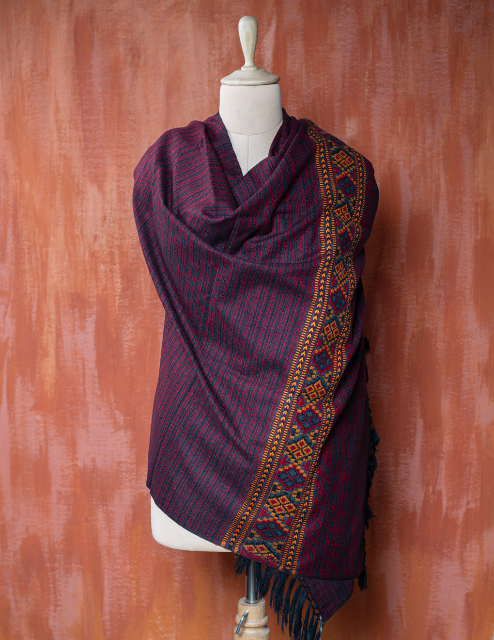 Black & Maroon Pure Handwoven Woollen Shawl