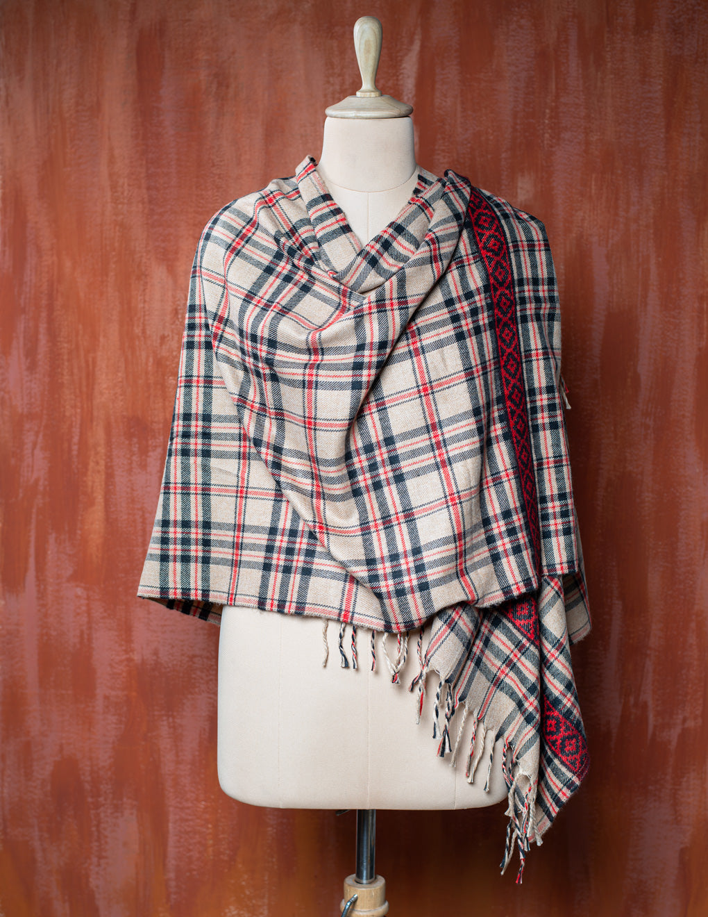 Beige Check Pure Handwoven Woollen Stole