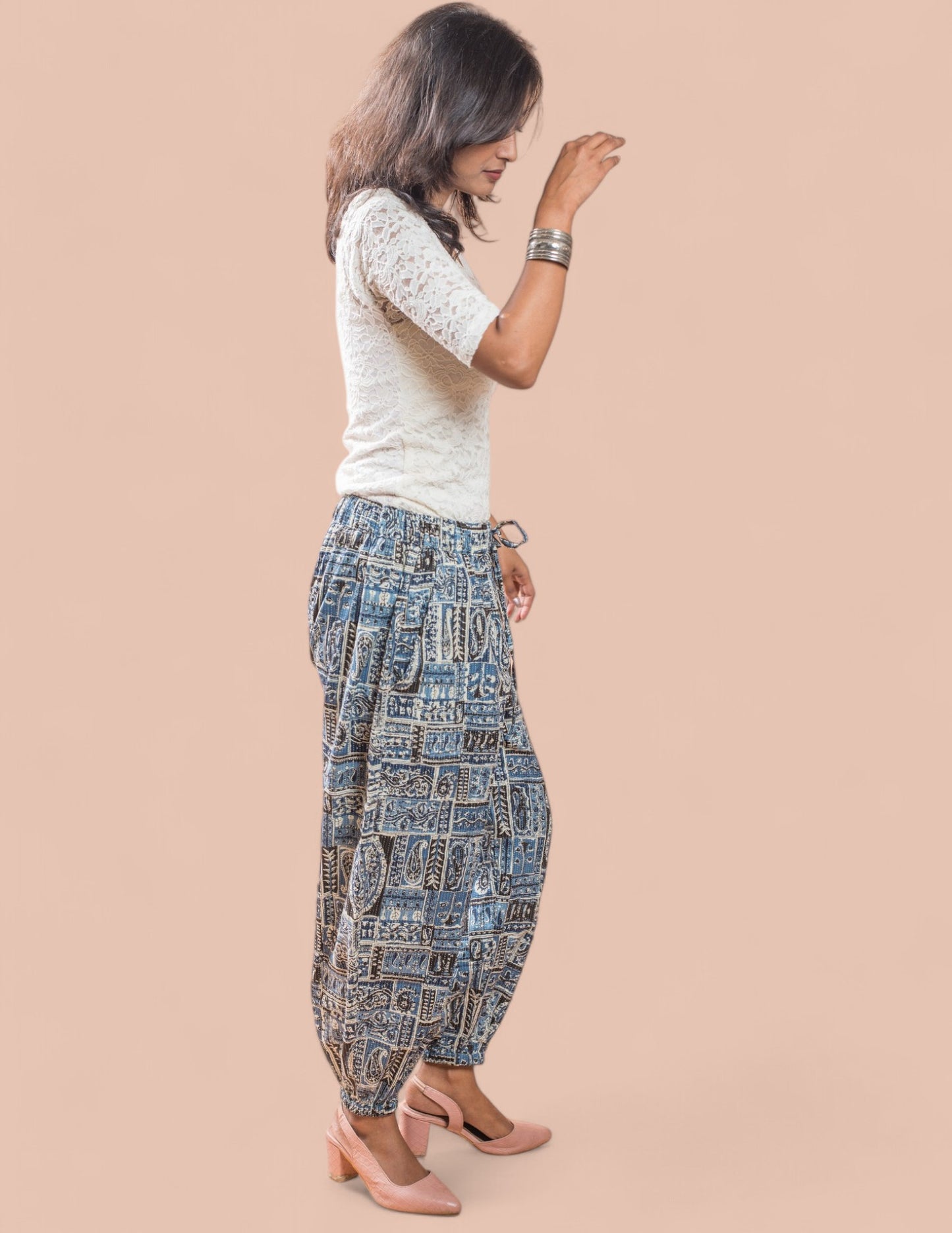 Cotton Blue Printed Patch Kantha Harem Pant