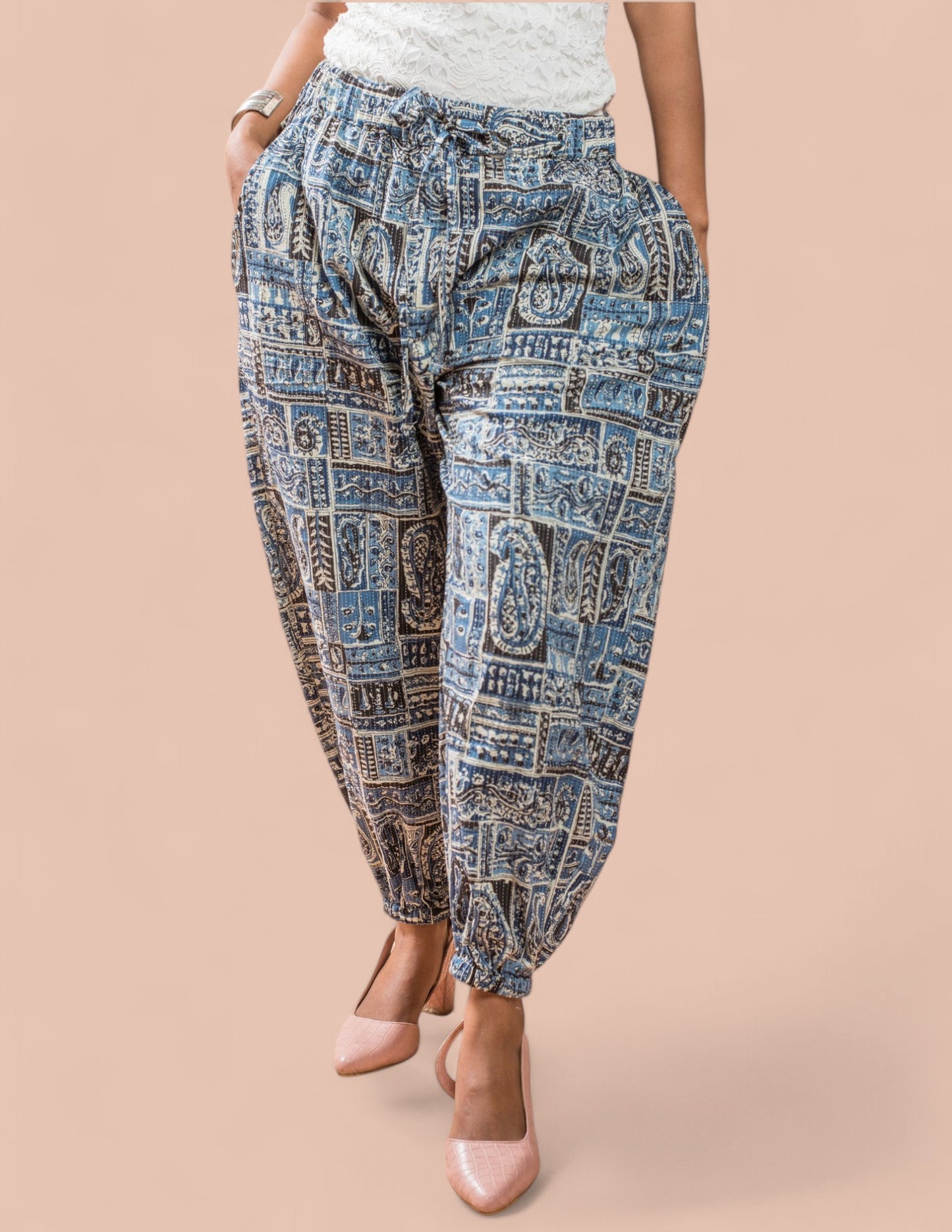 Cotton Blue Printed Patch Kantha Harem Pant