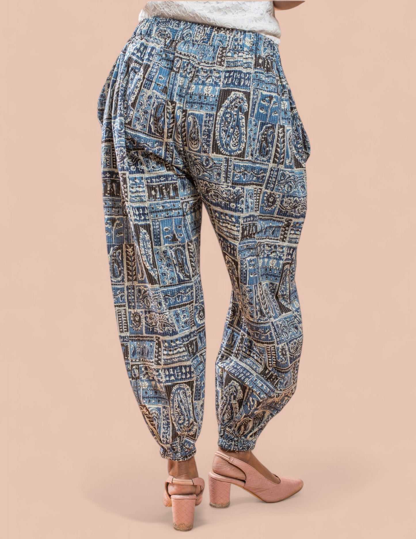 Cotton Blue Printed Patch Kantha Harem Pant