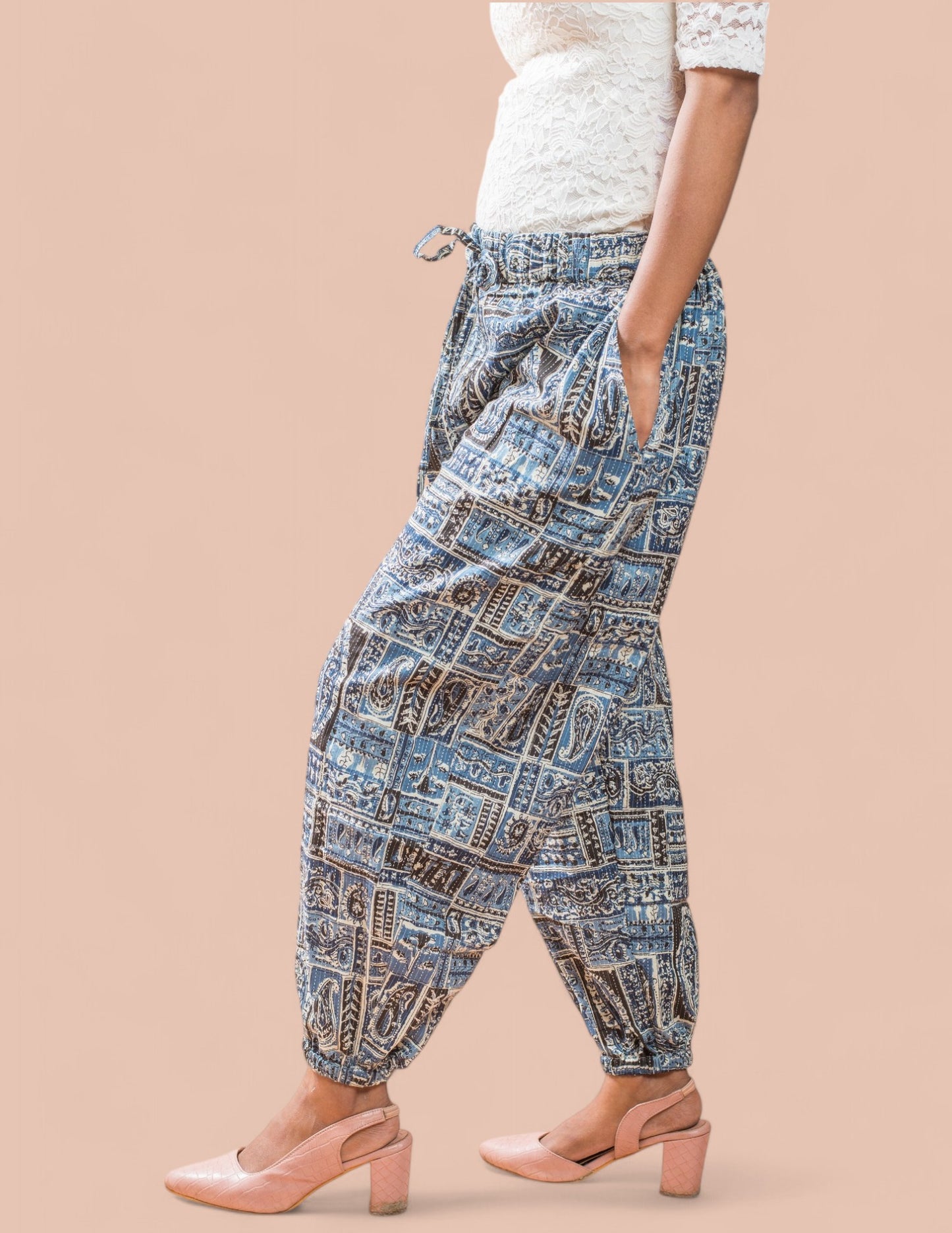 Cotton Blue Printed Patch Kantha Harem Pant