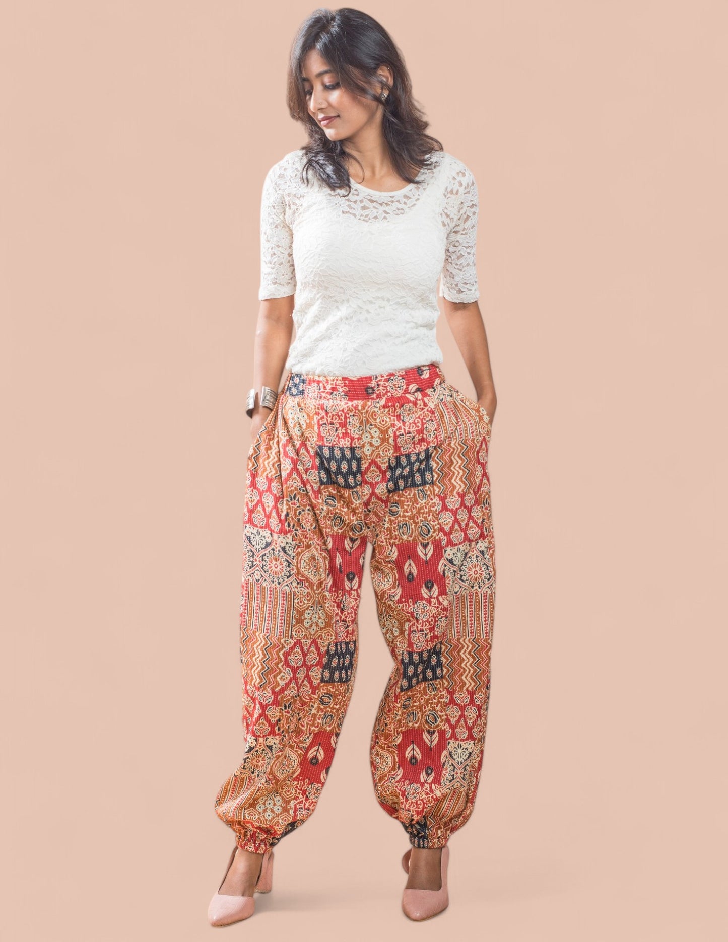 Cotton Printed Patch Kantha Harem Pant