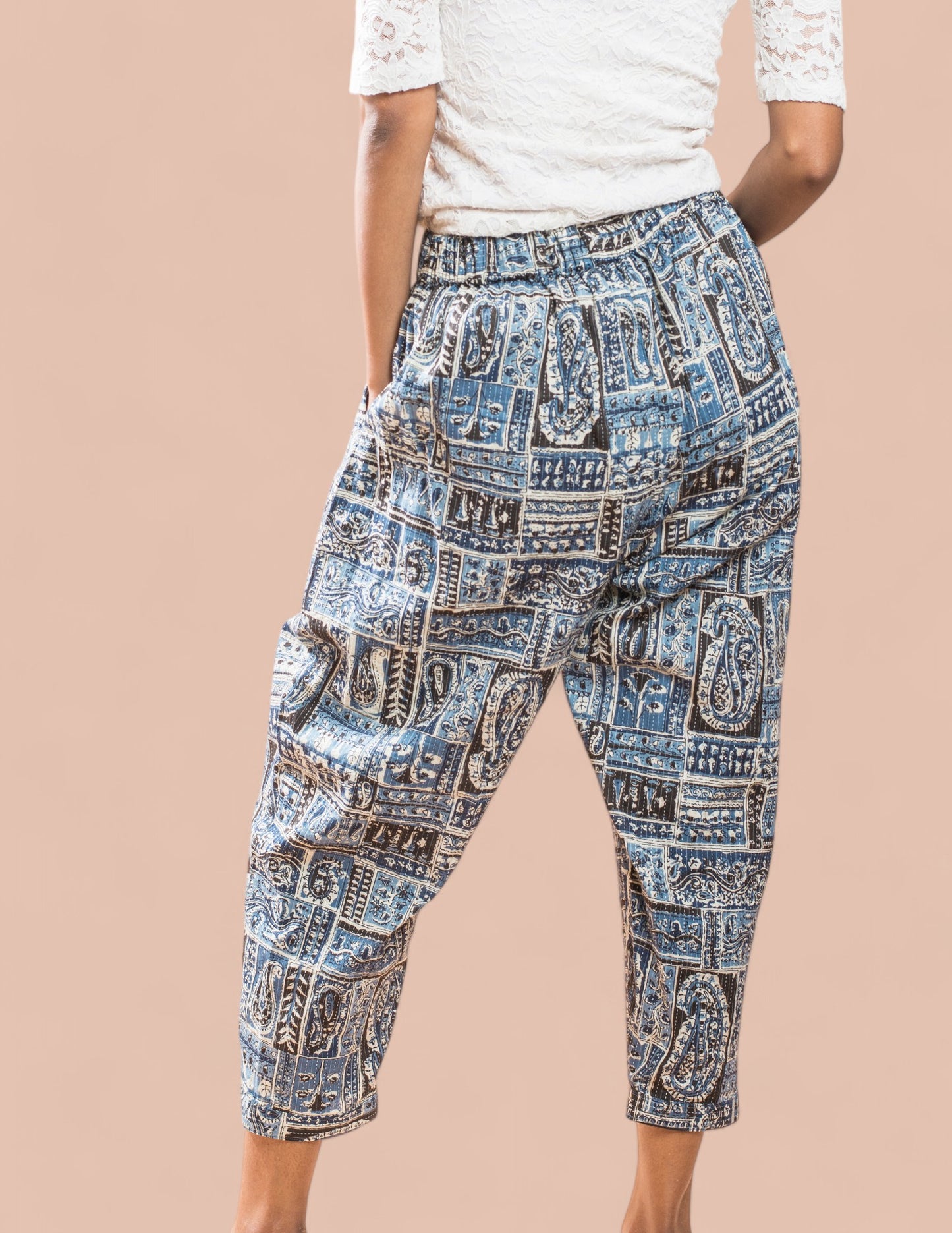 Blue Patch Cotton Kantha Capri pant