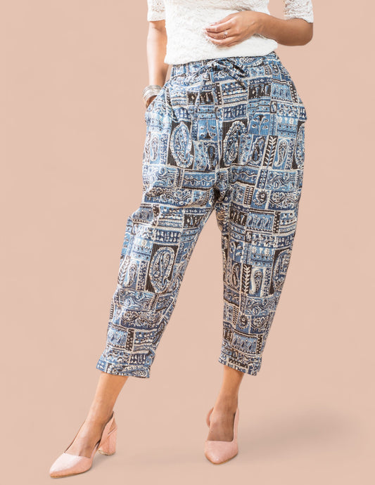 Blue Patch Cotton Kantha Capri pant