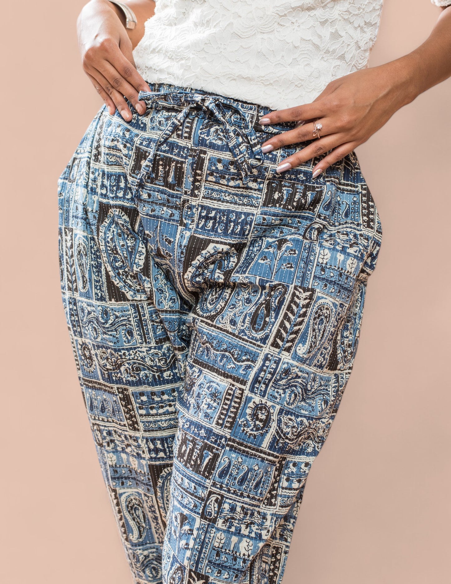 Blue Patch Cotton Kantha Capri pant