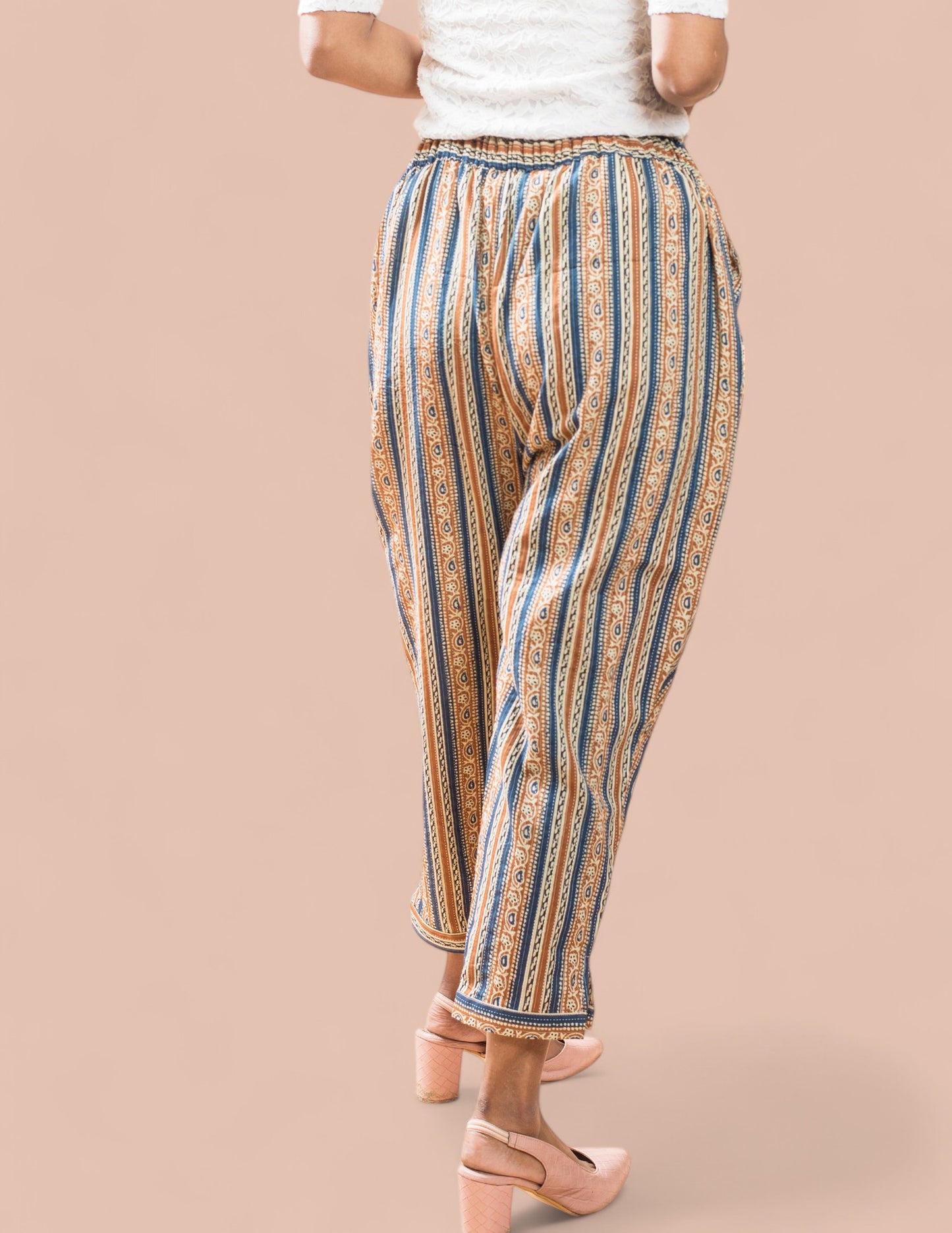 Brown Stripe Cotton Kantha Capri pant