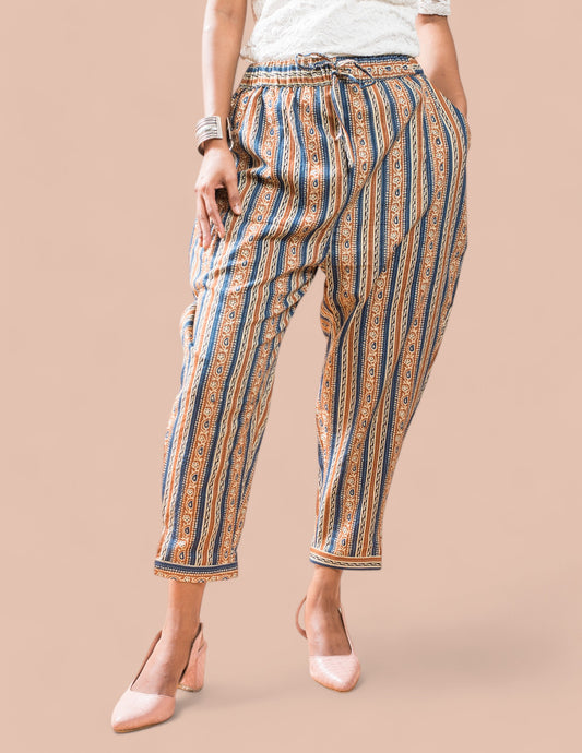 Brown Stripe Cotton Kantha Capri pant