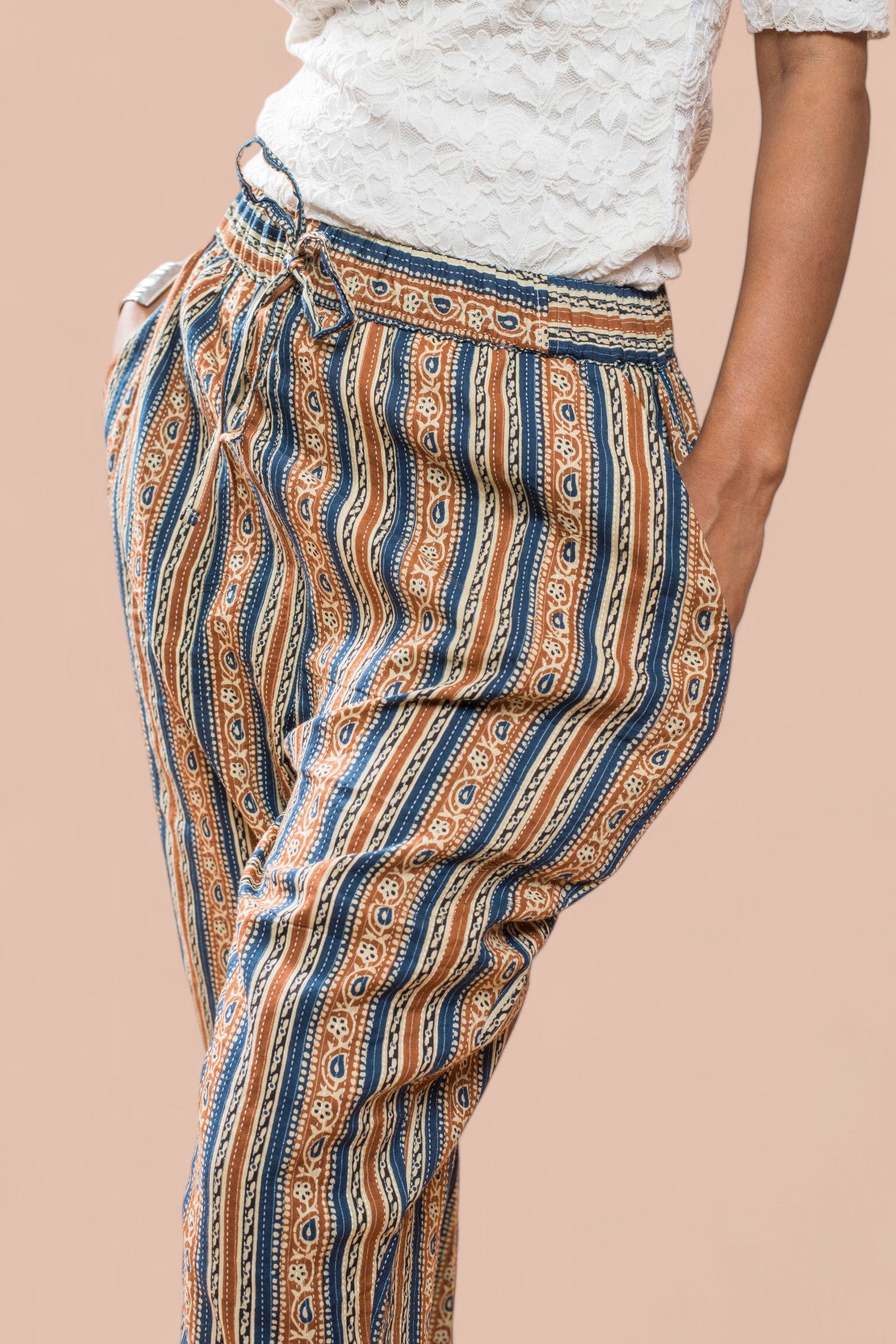 Brown Stripe Cotton Kantha Capri pant