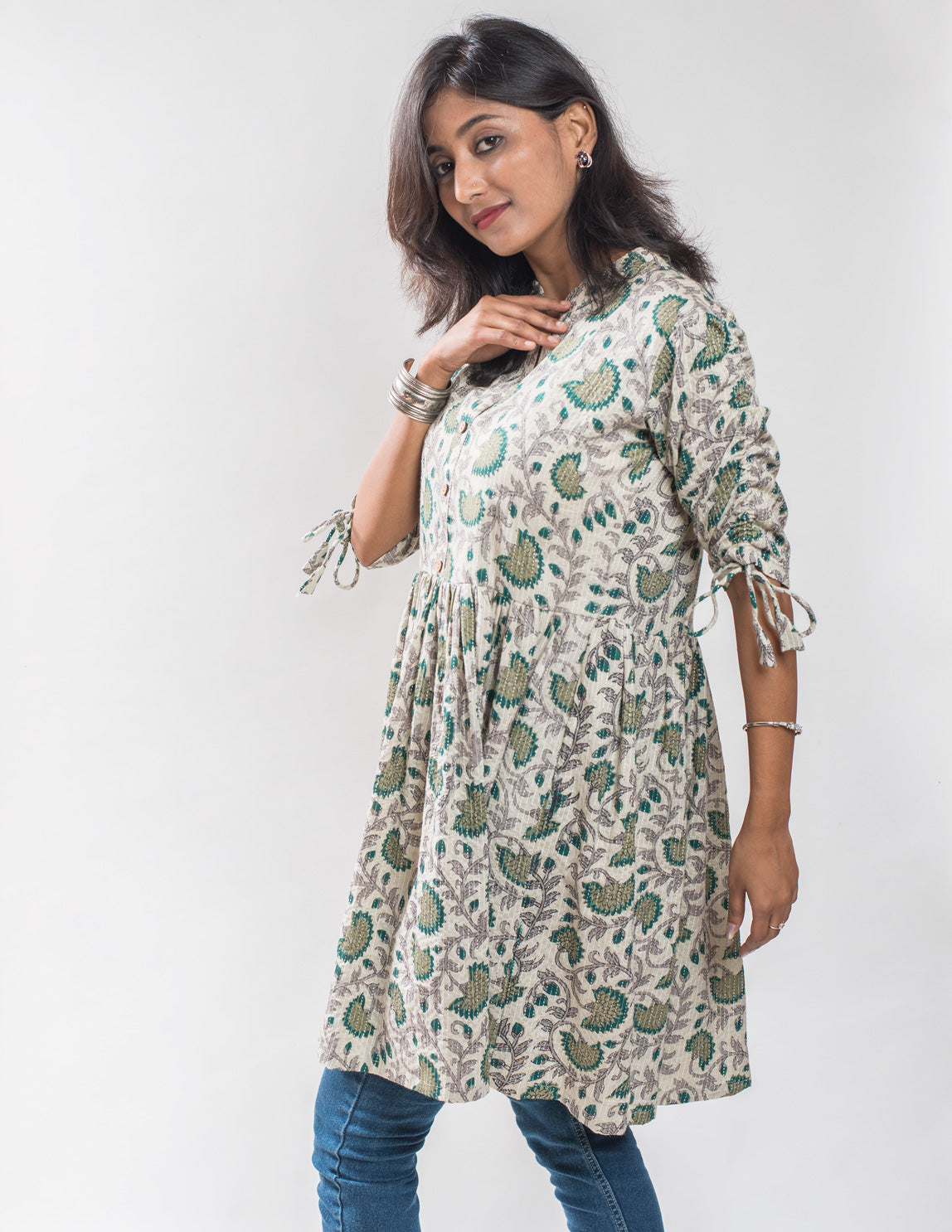 Beige Floral Printed Kantha Cotton Tunic