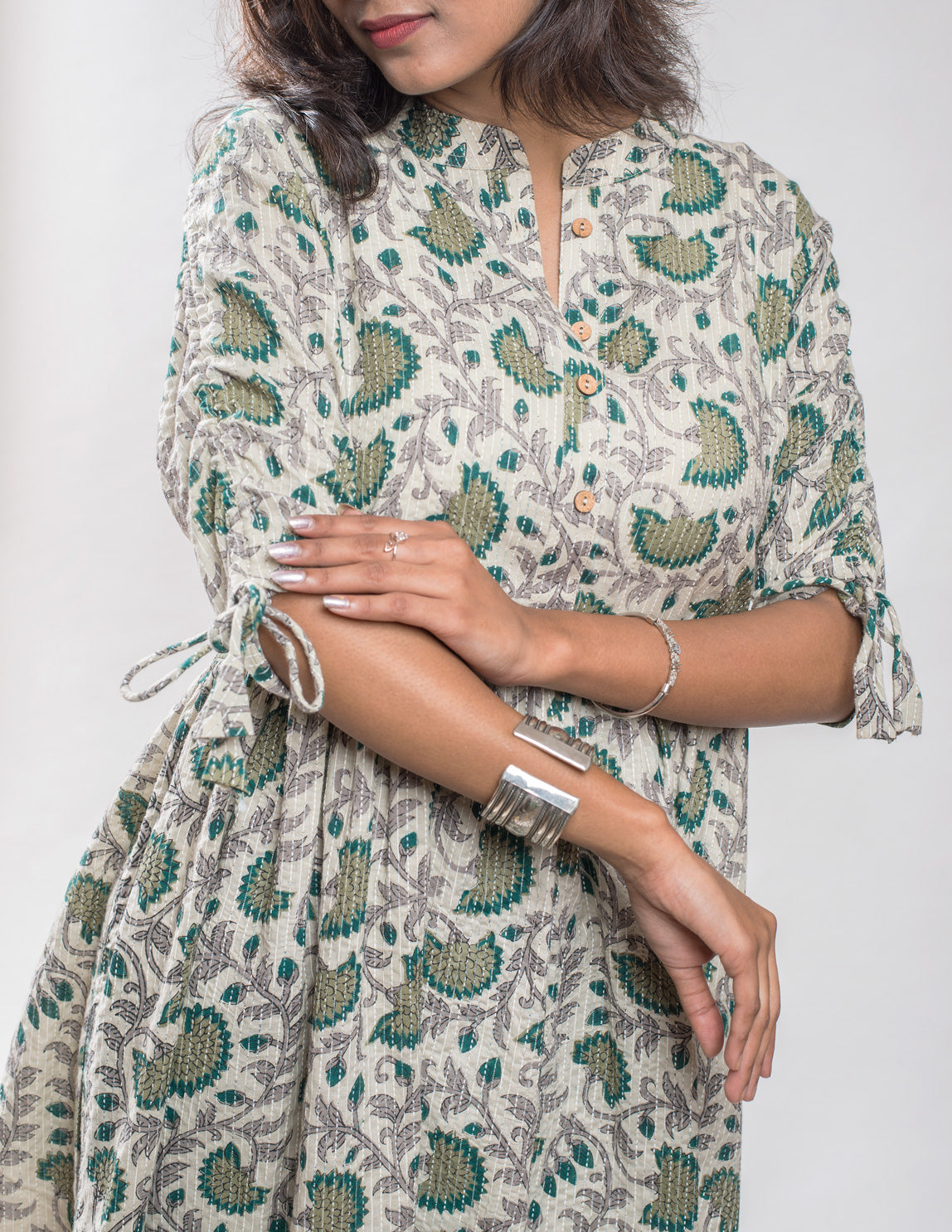 Beige Floral Printed Kantha Cotton Tunic