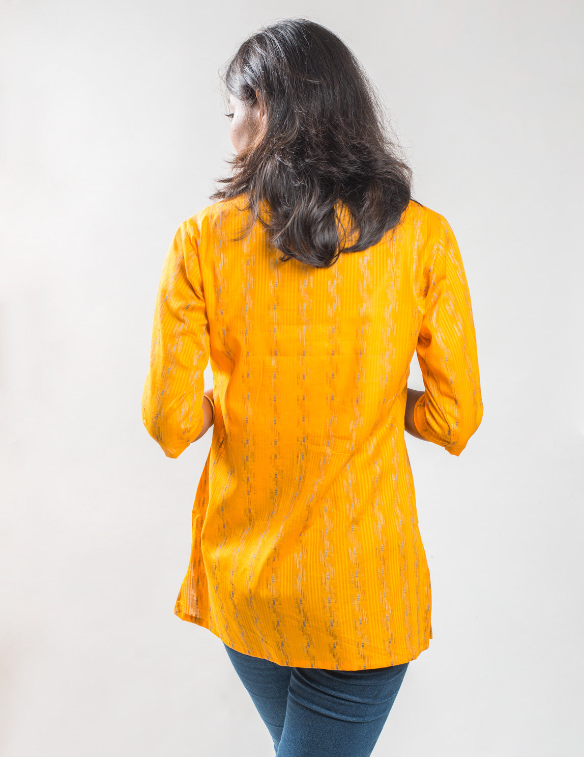 Yellow Cotton Jacquard Short Kurta