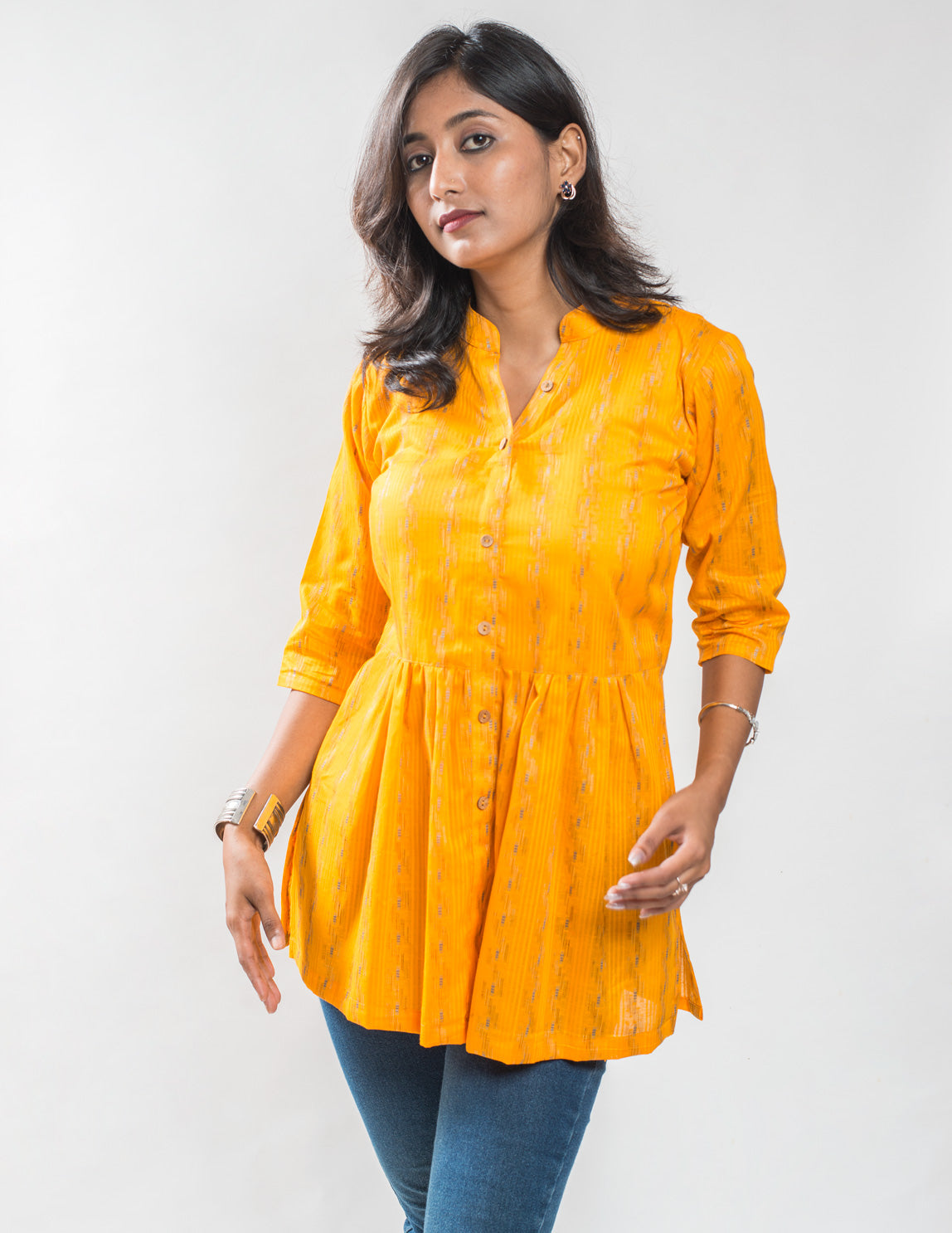 Yellow Cotton Jacquard Short Kurta