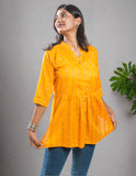 Yellow Cotton Jacquard Short Kurta