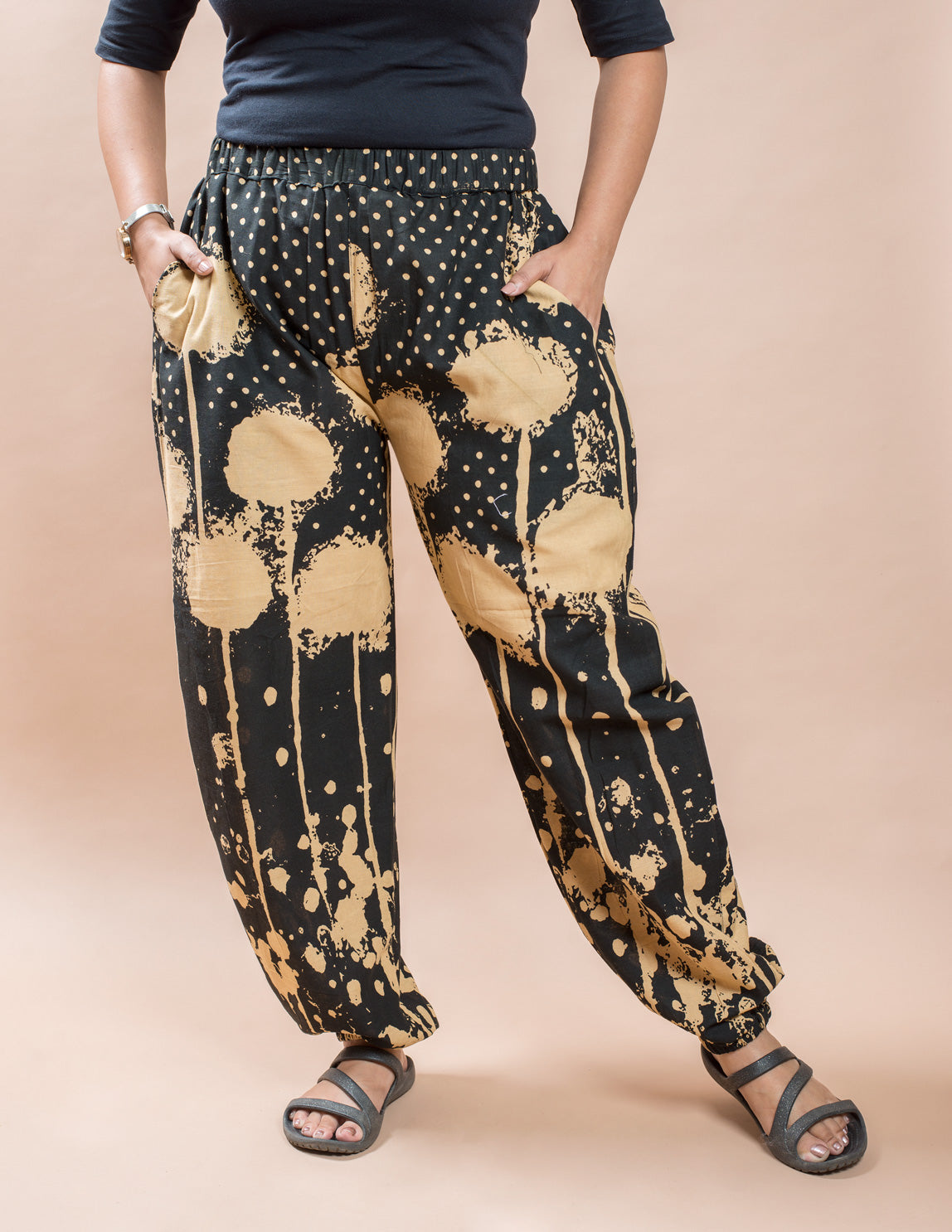 Black & Beige Cotton printed Harem Pant