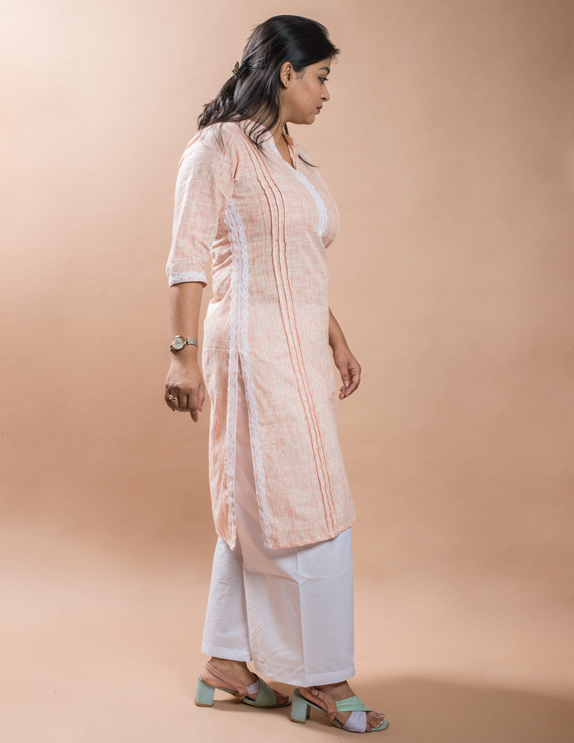 Salmon Cotton Brushed Long Kurta