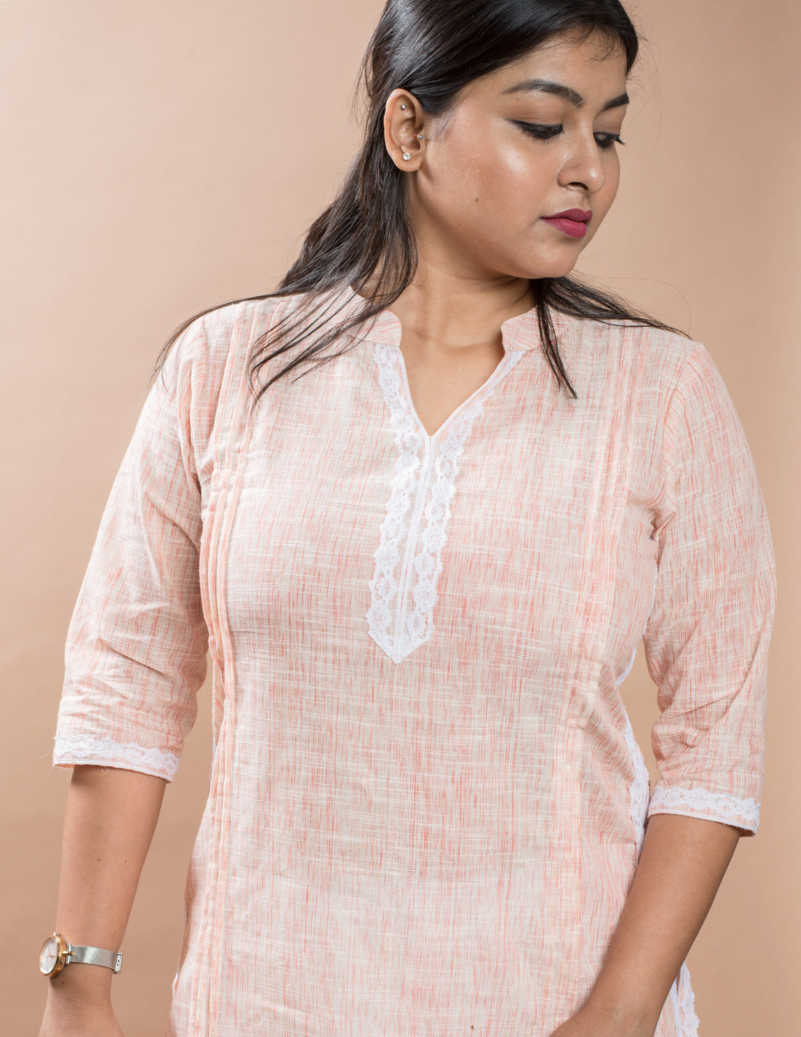 Salmon Cotton Brushed Long Kurta