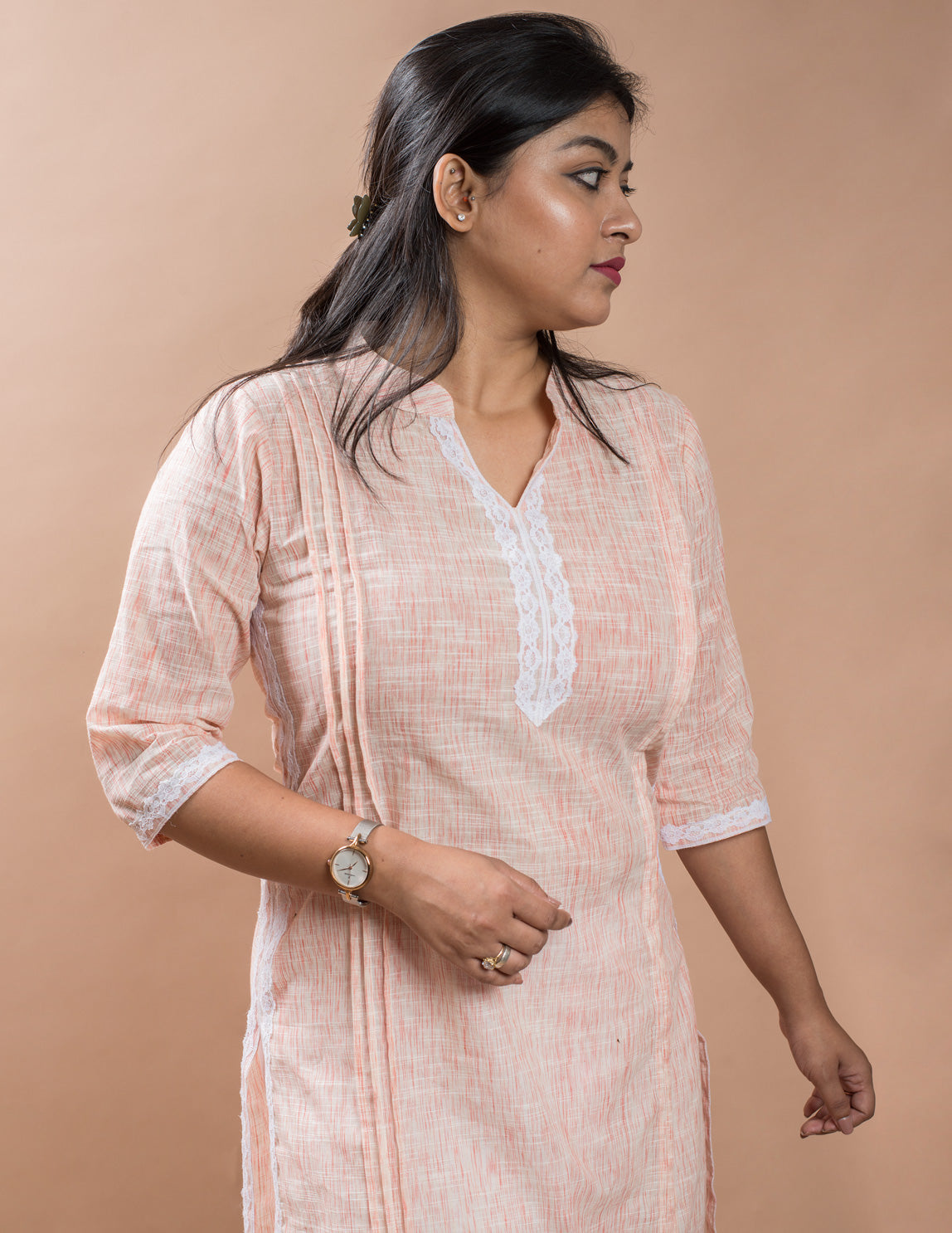 Salmon Cotton Brushed Long Kurta