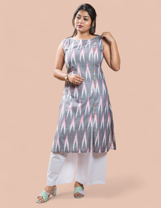 Grey Cotton Ikkat Regular Kurta